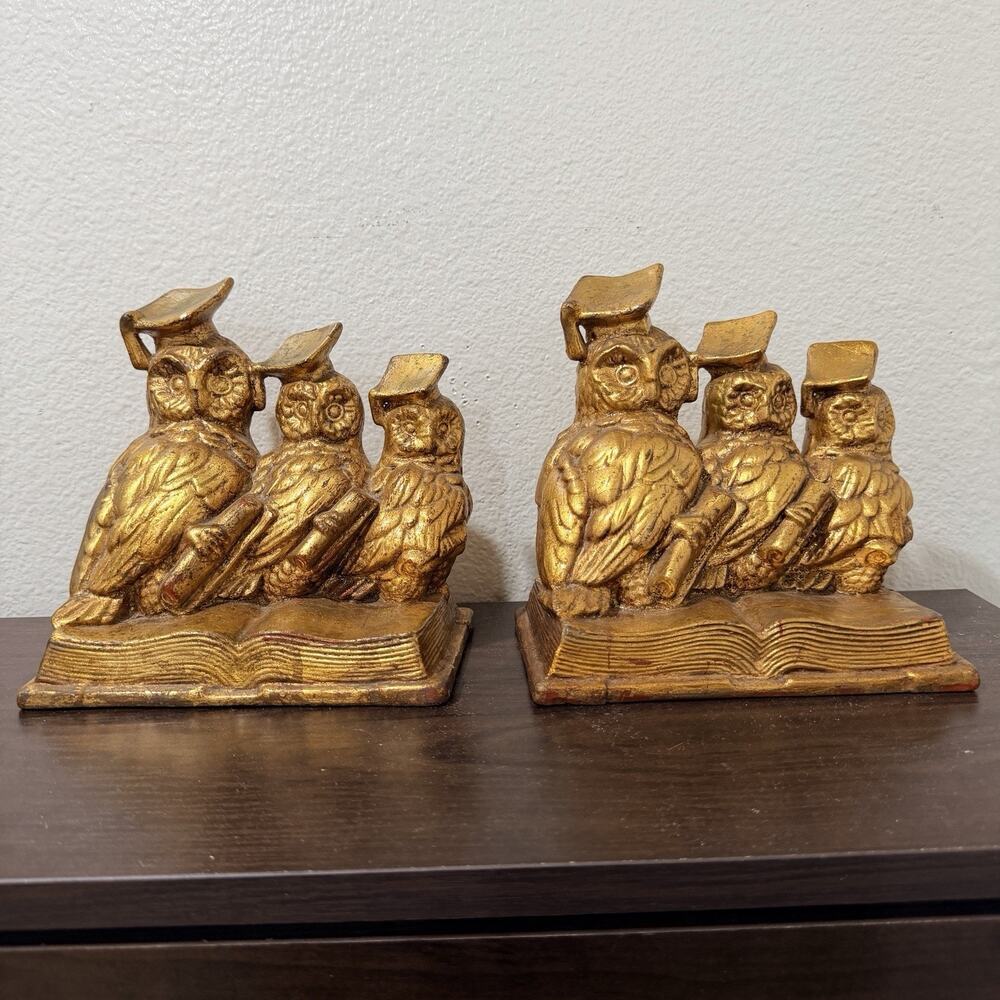 Vintage Graduate Owls Bookends Gold Marked Arnel’s Office Library Decor